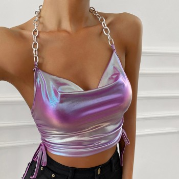 Summer Ruched Drawstring Halter Crop Top Glitter Metallic Holographic Sexy Backless Metal Chain Purple